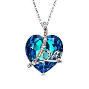 Crystal Blue Love Rhinestone Heart Necklace